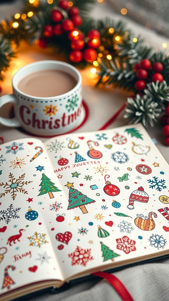 A journal page with colorful Christmas doodles including snowflakes, trees, and ornaments, accompanied by a cup of cocoa.